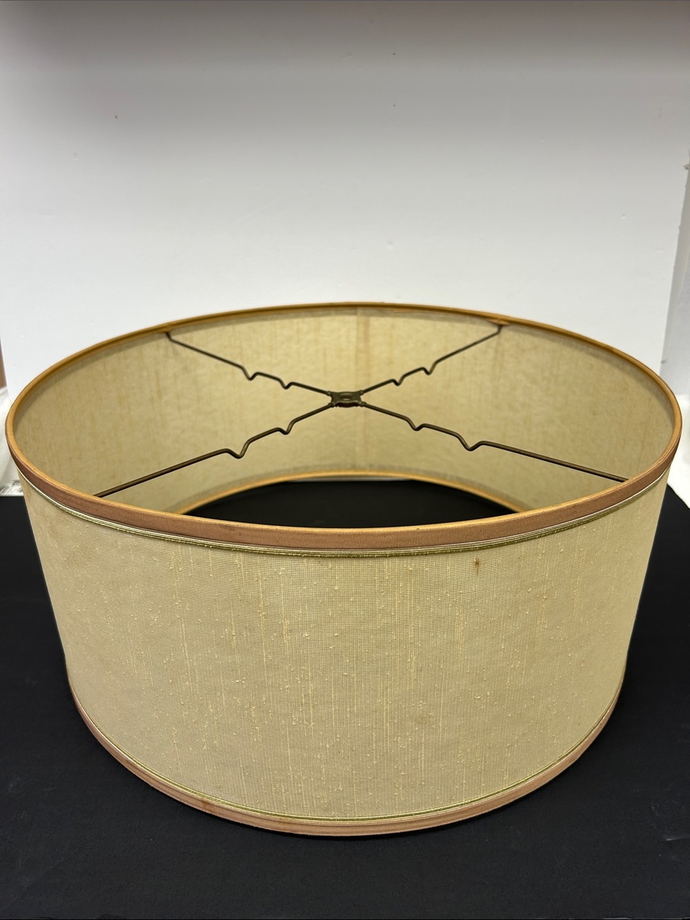Vintage 1950’s Mid Century Modern 18 x 8 slub fabric drum shade with gold trim
